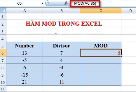 Hàm mod trong excel