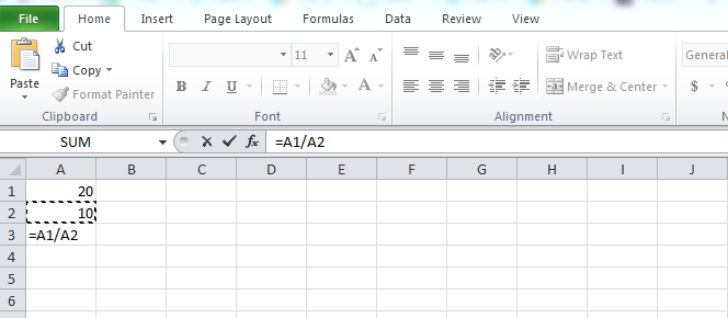 Phép chia trong excel 