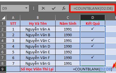 Ví dụ Của Hàm Countblank.