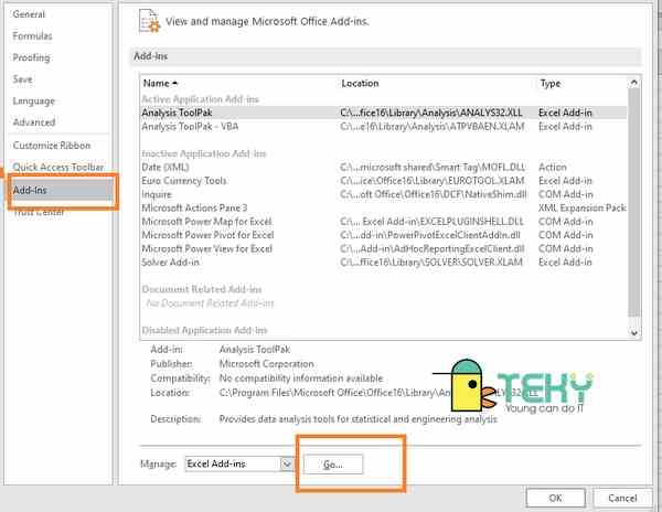 Trên cửa sổ Add-Ins, tìm và chọn "Analysis Toolpak" và sau đó bấm vào nút "Go" (Tiến hành).